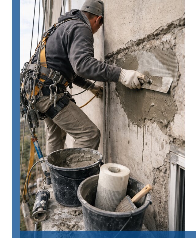 Ремонт бетонных элементов фасада промышленными альпинистами в Туймазы