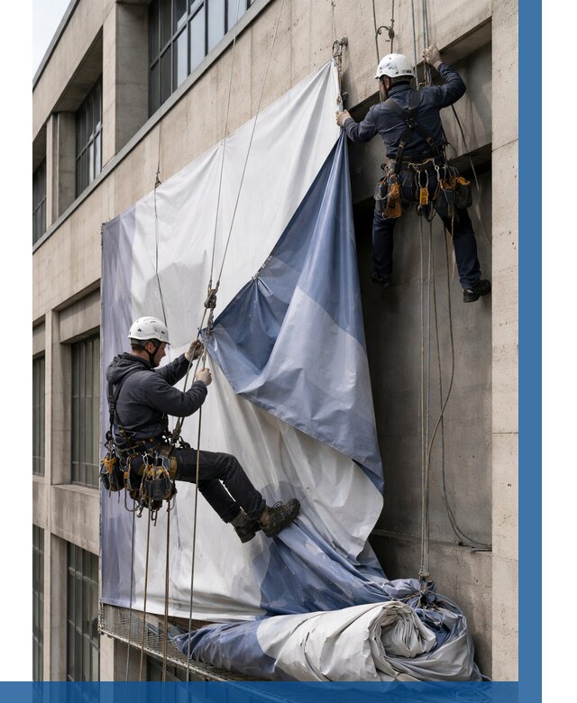 Демонтаж баннеров с фасада в Туймазы от 4586 р. | ВЫСОТНИК-Тмз