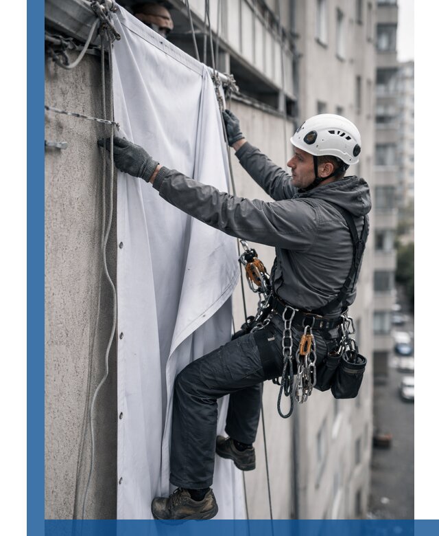 Замена баннерного полотна промышленными альпинистами в Туймазы