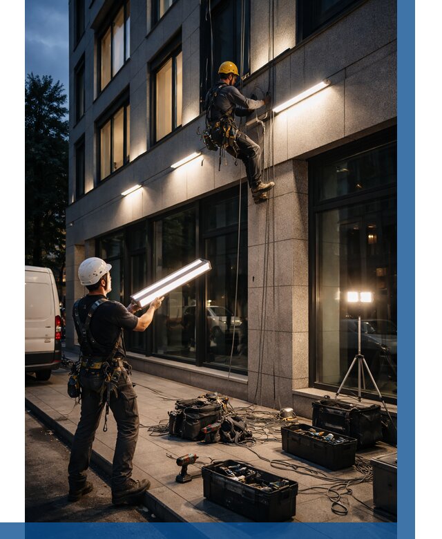 Монтаж архитектурной подсветки здания в Туймазы от 2548 р.|ВЫСОТНИК-Тмз