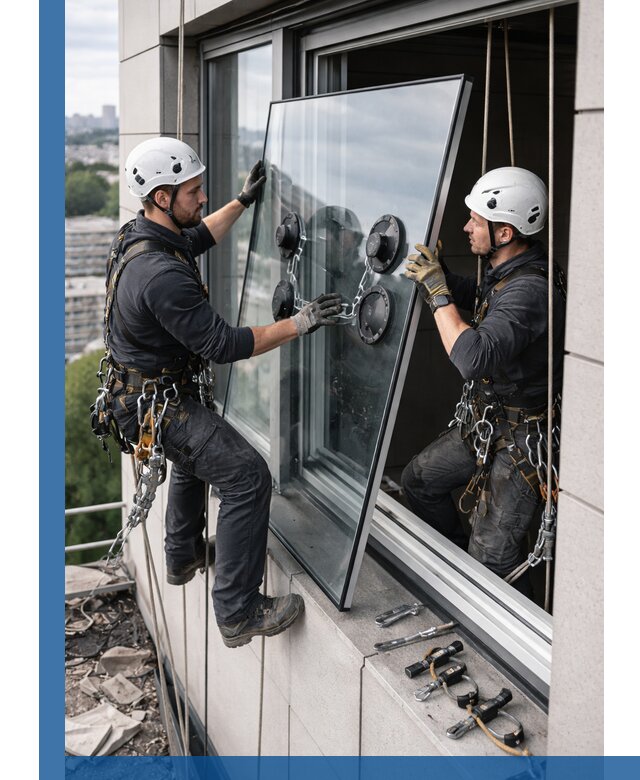 Замена стеклопакетов на высоте с промышленными альпинистами в Туймазы