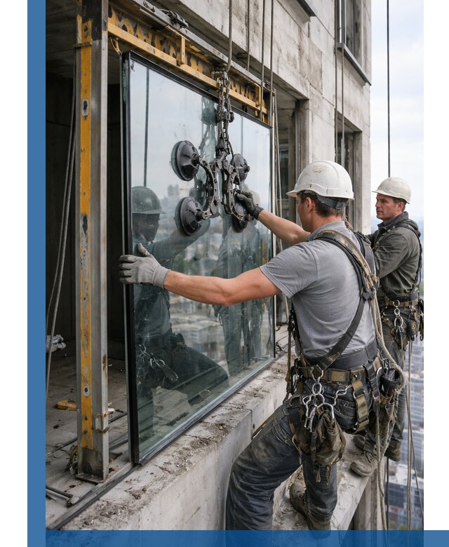 Монтаж стеклопакетов на высоте в Туймазы с промышленным альпинизмом
