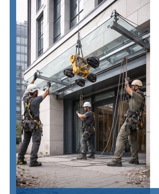 Монтаж стеклянных козырьков под ключ в Туймазы для зданий