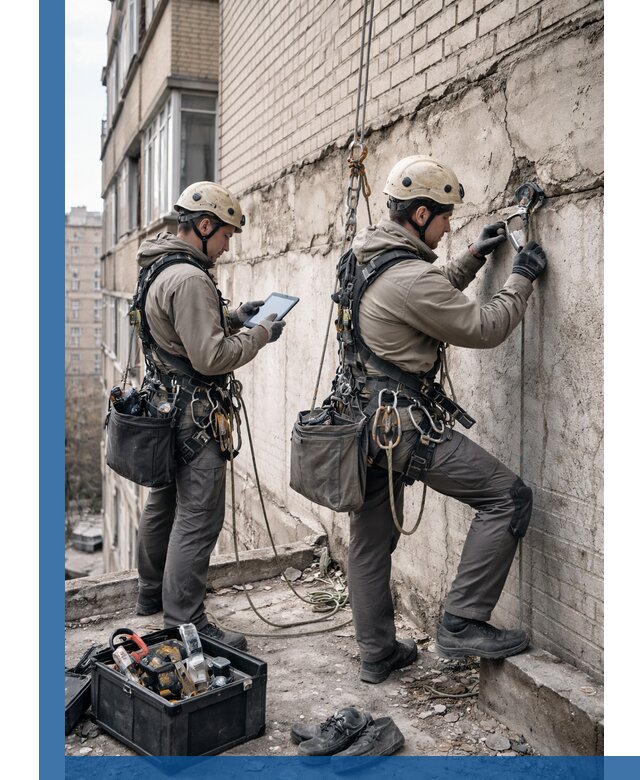 Обследование фасада промышленными альпинистами в Туймазы